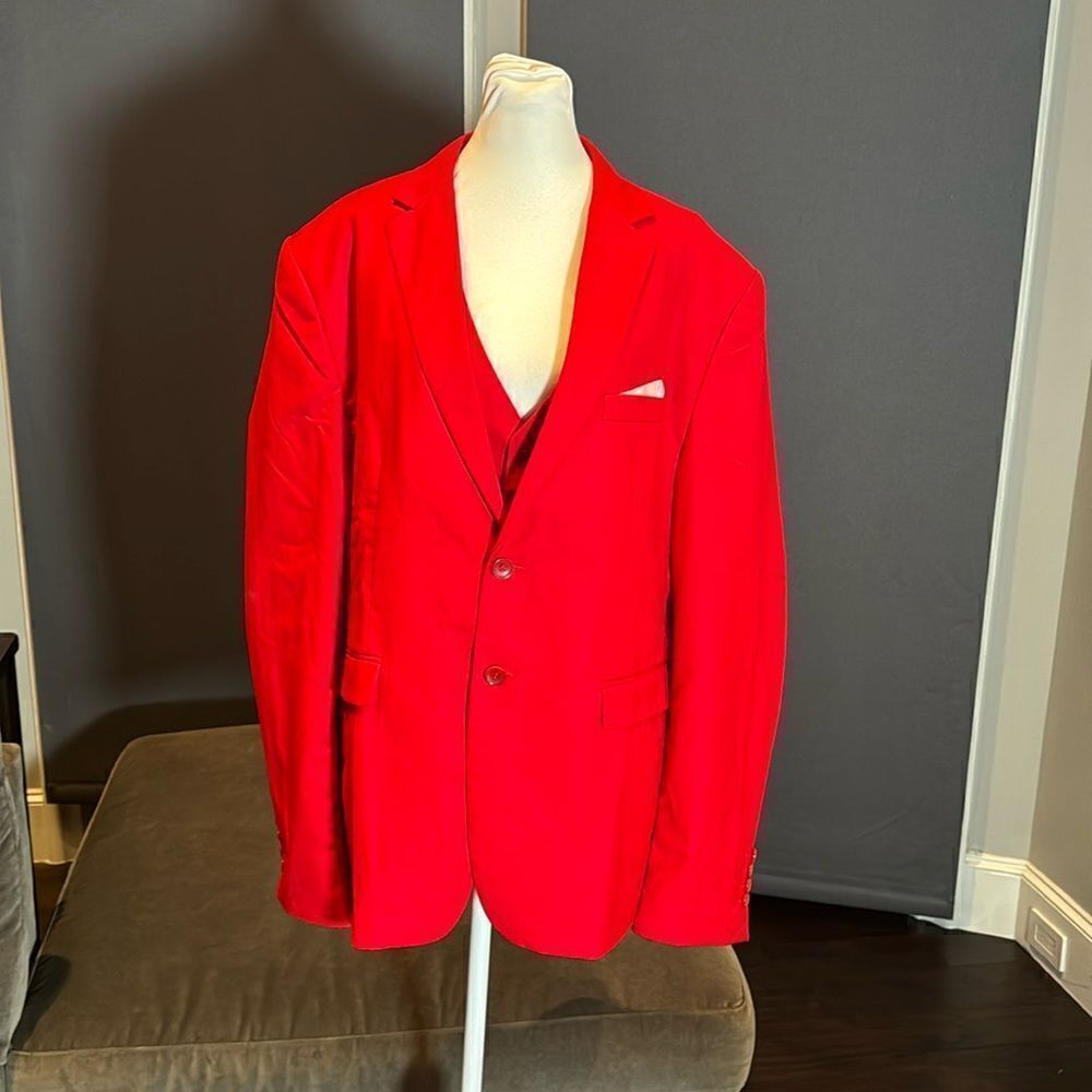 Men’s Red Slim Fit 3 Piece Suit 2-Button Notched Lapels Size 44 Jacket 40 Pants